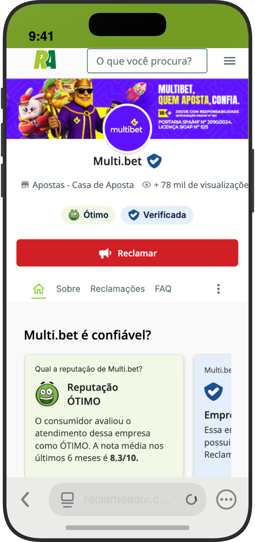 Página da Multibet no Reclame Aqui com reputação Ótimo e nota 8,3 de 10