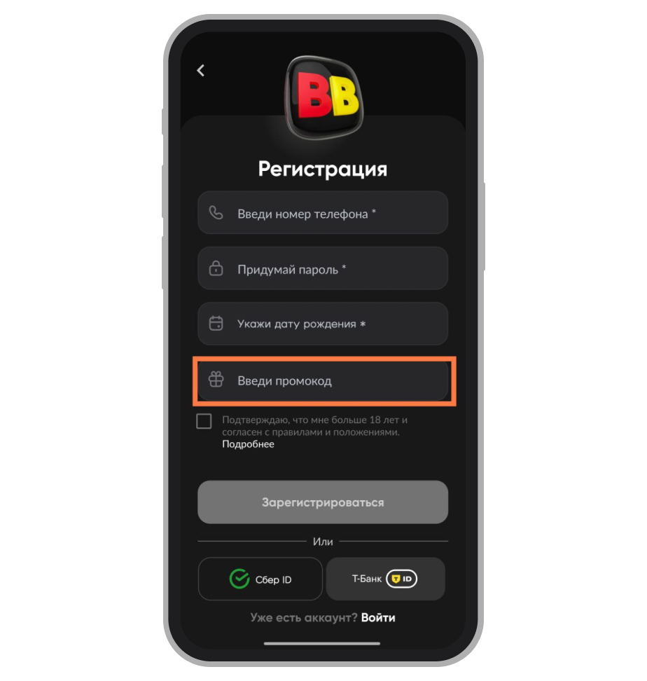 Окно промокода в приложении BetBoom
