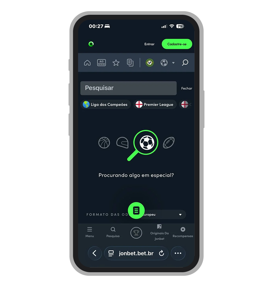 Barra de busca no site mobile da Jonbet