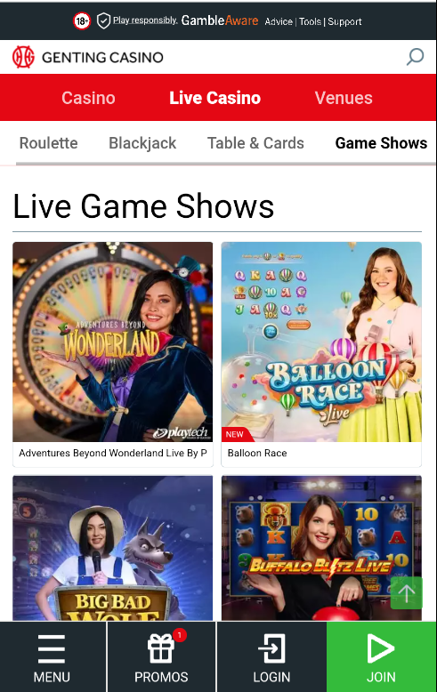 Live game shows page