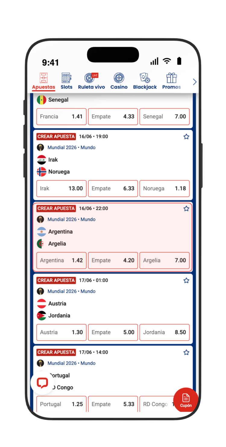 Localiza Argentina vs Argelia (16/06) en la lista de partidos del Mundial 2026 en JOKERBET y pulsa sobre el encuentro