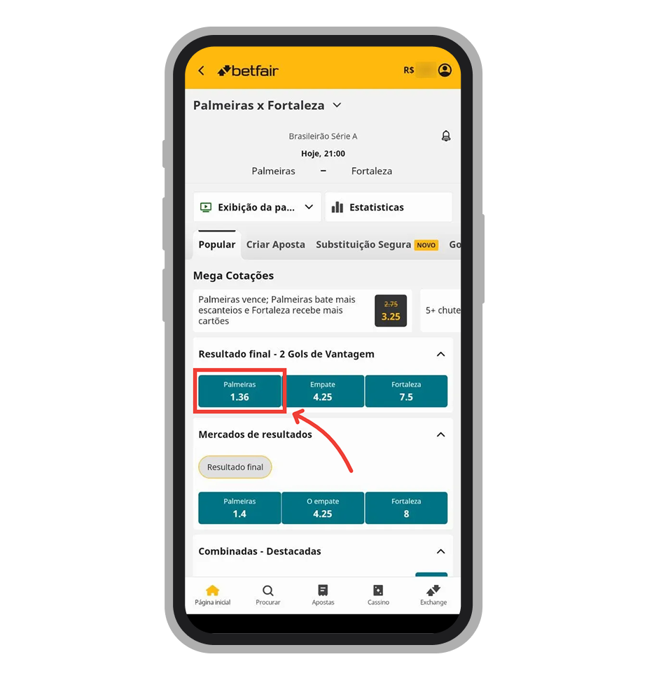Toque no resultado em que deseja apostar