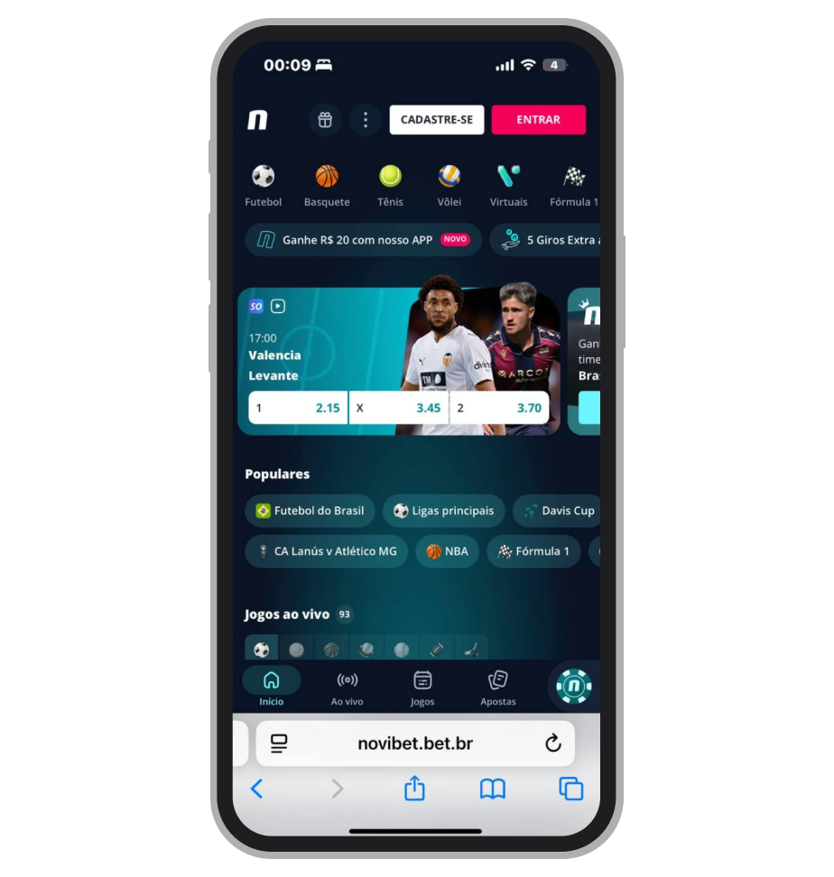 A interface da plataforma Novibet