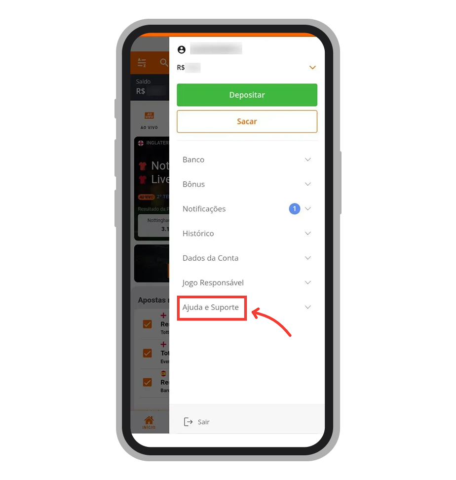Selecione "Ajuda e Suporte"