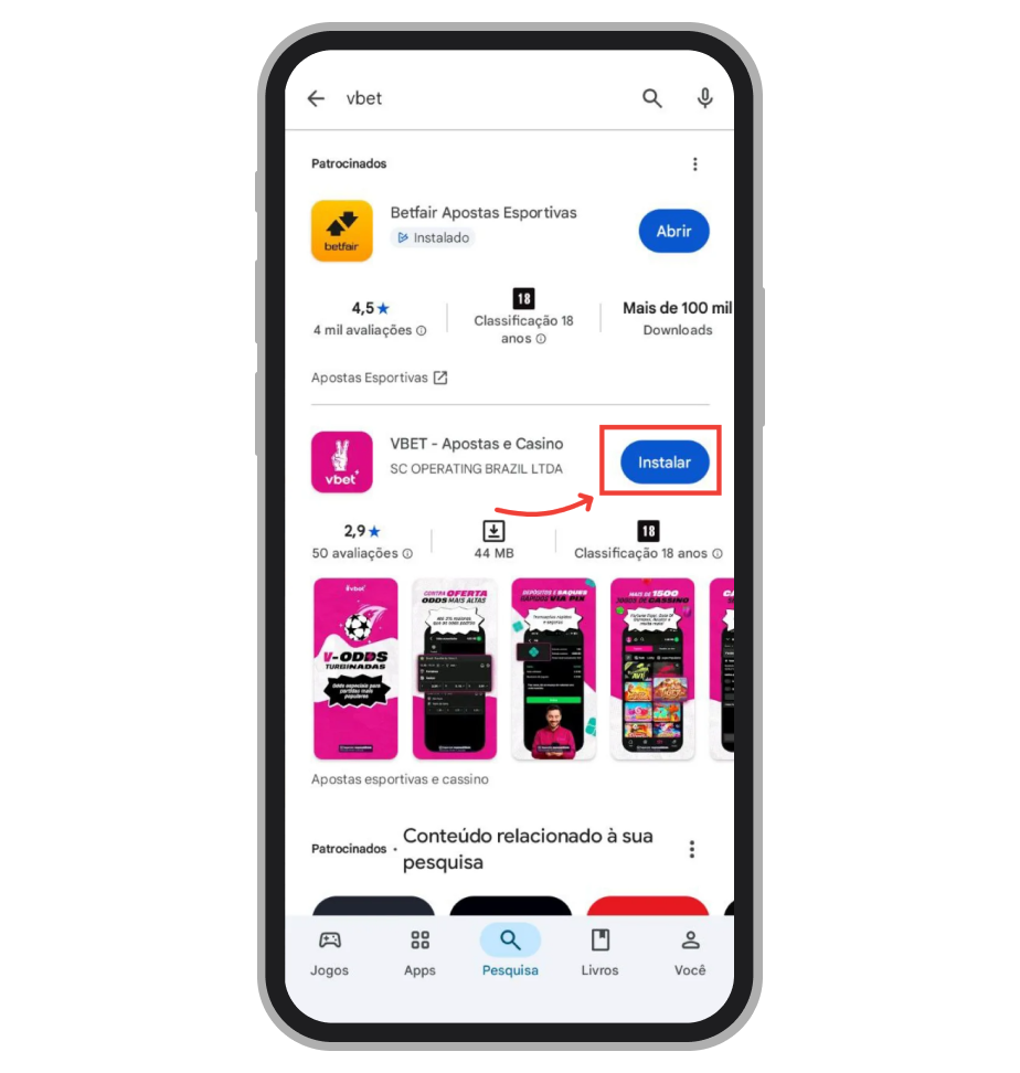 VBET app na Play Store — toque em "Instalar"
