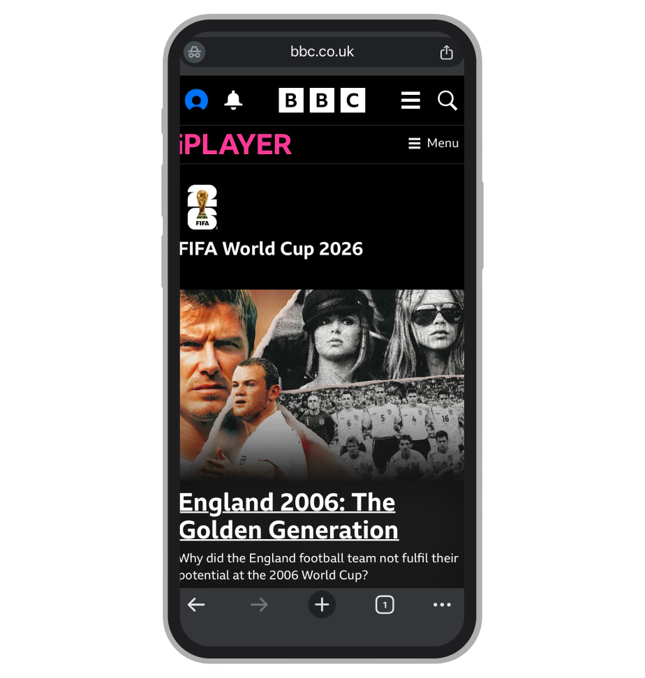 BBC Sport World Cup 2026 hub page on BBC iPlayer — fixture list, team pages and live match stream