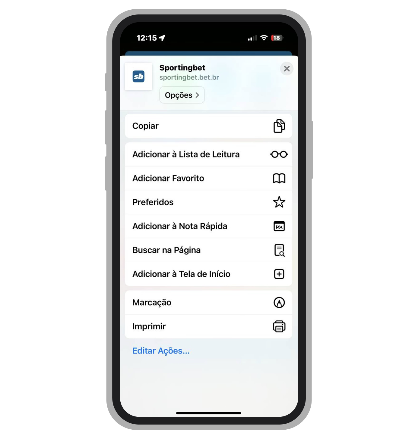Para acesso rápido ao site Sportingbet no iPhone pode criar atalho