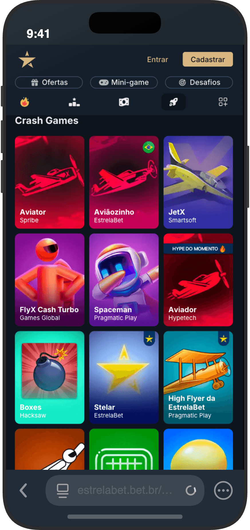 Catálogo de crash games da EstrelaBet no app mobile com Aviator e exclusivos