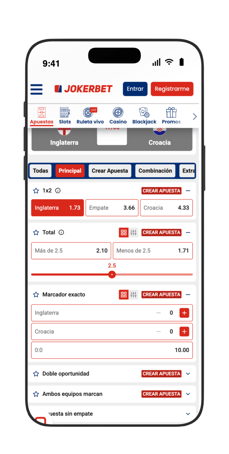 Mercados de Inglaterra vs Croacia en JOKERBET: 1X2 (Inglaterra 1.73, Empate 3.66, Croacia 4.33), más/menos de 2.5 goles y marcador exacto