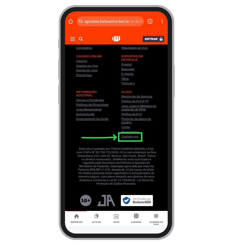 Deslize a interface principal até a base da página para localizar o botão "Contate-nos"