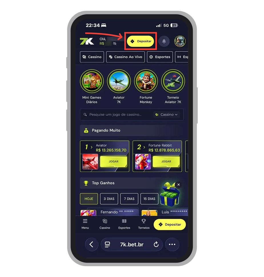 Toque no botão "Depositar" na tela inicial da 7K.bet 