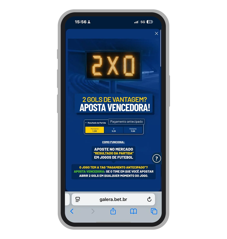 Regras da promoção de pagamento antecipado da Galera.bet com 2 gols de vantagem no futebol