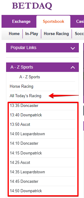 Ongoing horse racing events on BETDAQ