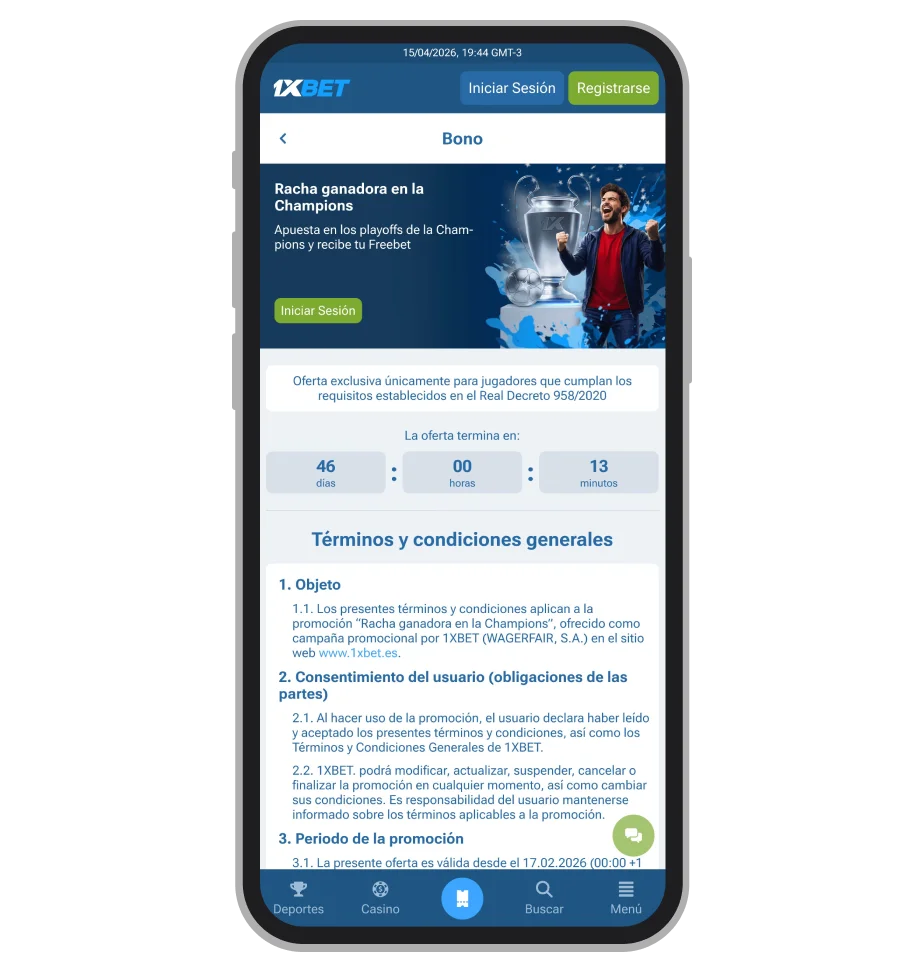 Promoción Racha Ganadora 1xBet con freebet de 5€ por 3 apuestas en playoffs de la Champions League