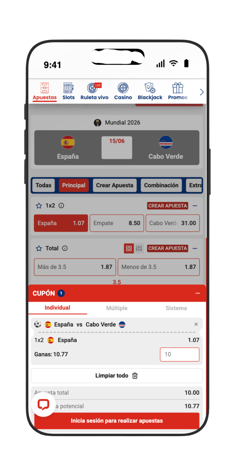 Introduce el importe y confirma tu apuesta en el cupón de JOKERBET para España vs Cabo Verde