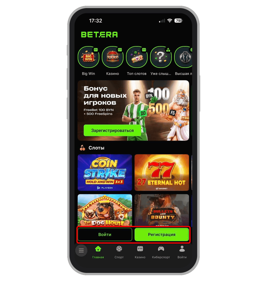 Кнопки входа/регистрации в приложении