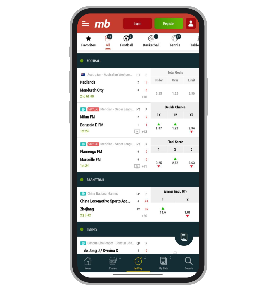 Главная страница приложения Meridianbet