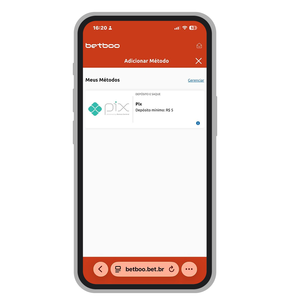 Tela de métodos de pagamento da Betboo mostrando Pix como única opção com depósito mínimo de R$ 5