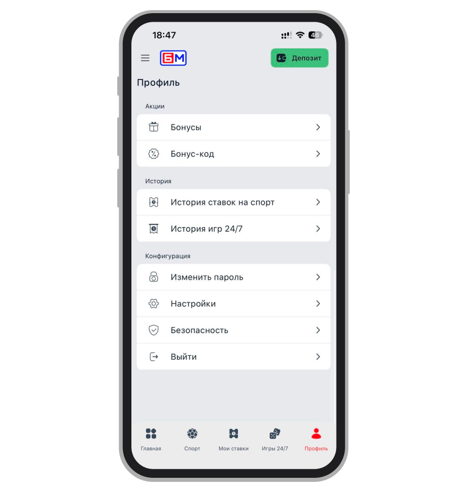 Профиль в приложении БК «Бет-М»