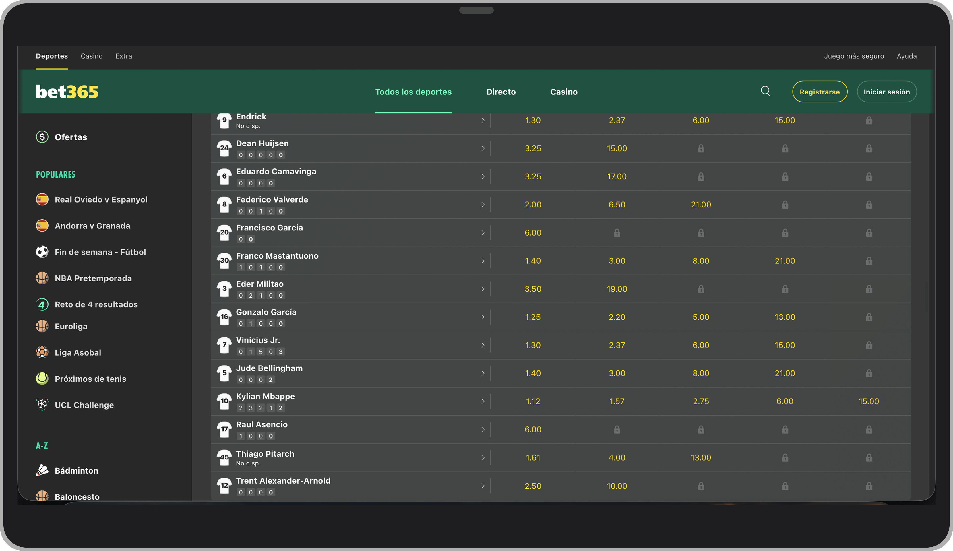 Apuestas a remates a puerta por jugador en Bet365