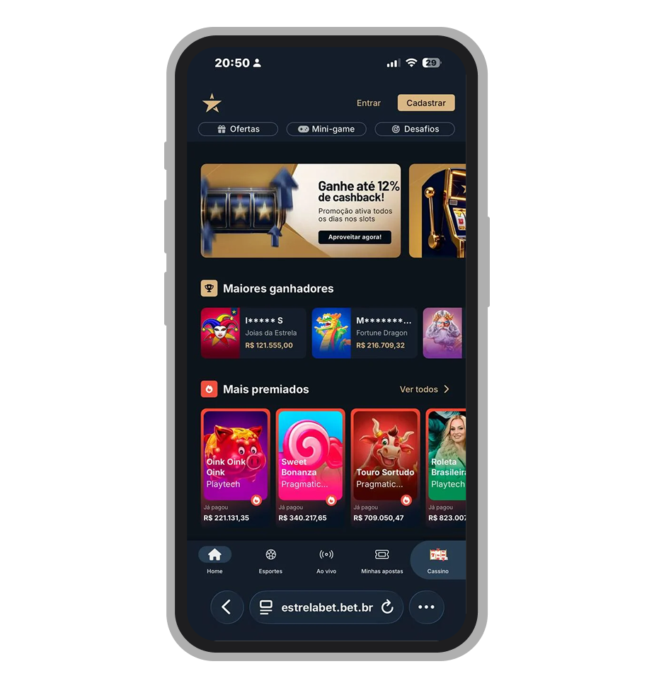 A tela inicial da plataforma EstrelaBet