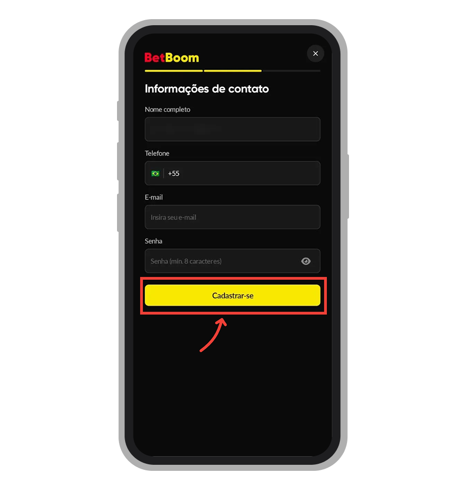 Preencha as informaçõe de contato e toque em "Cadastrar-se"