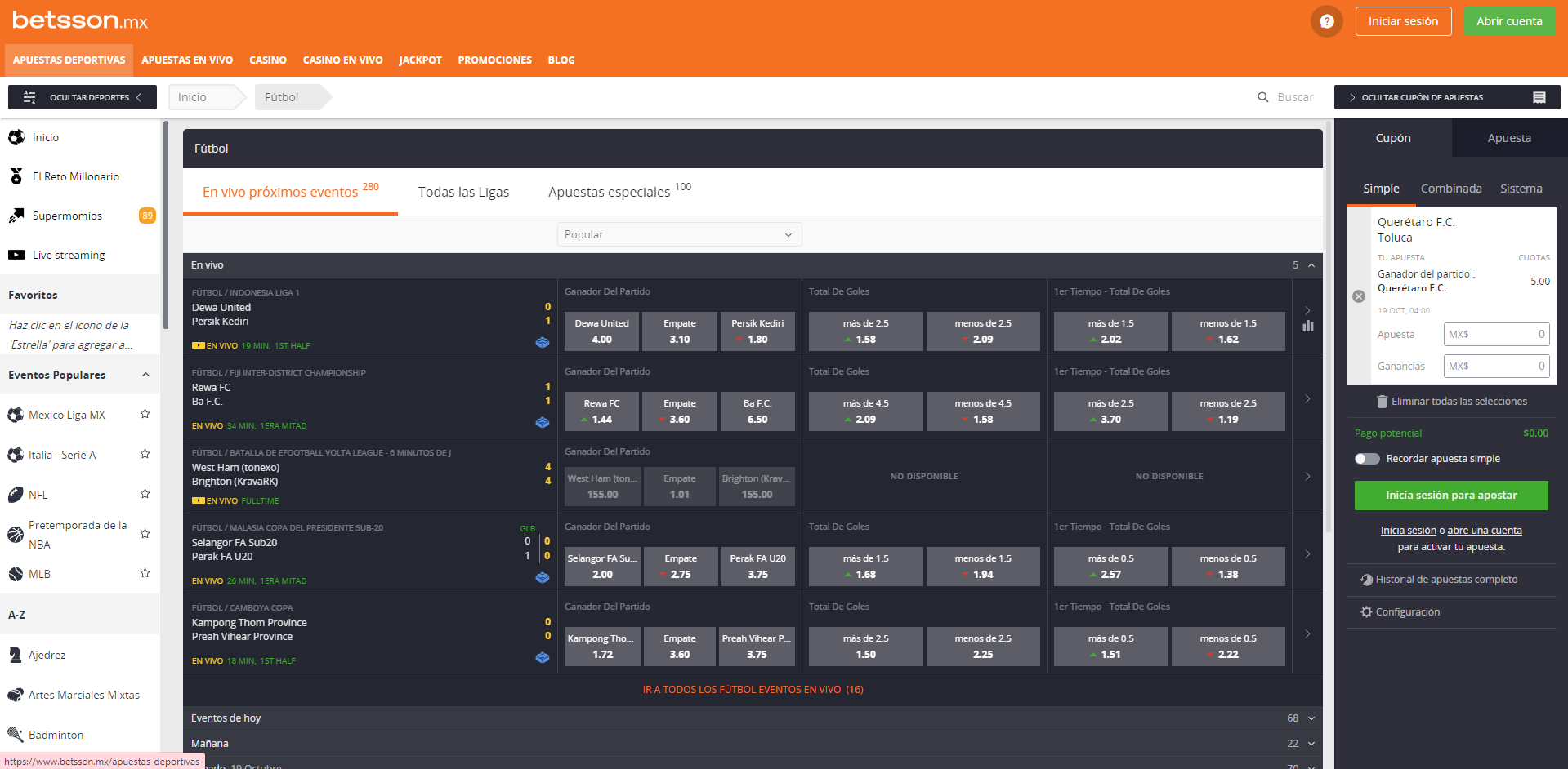 Sección de apuestas deportivas de Betsson