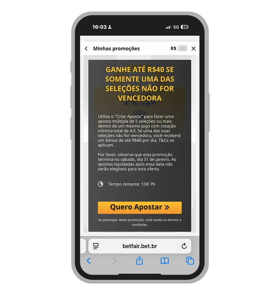 Promoção Betfair no Criar Aposta: ganhe até R$ 40 de bônus se sua múltipla de 5+ seleções perder por apenas uma