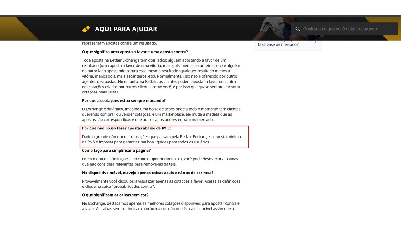 Aposta minima aceita na Betfair é de R$5