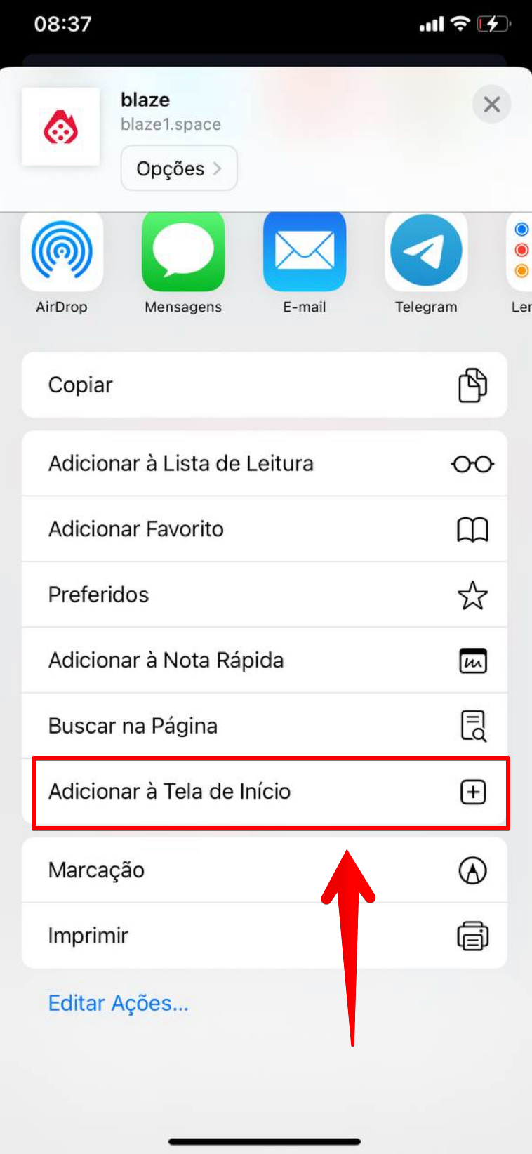 Selecione a opção "Adicionar à tela de início"