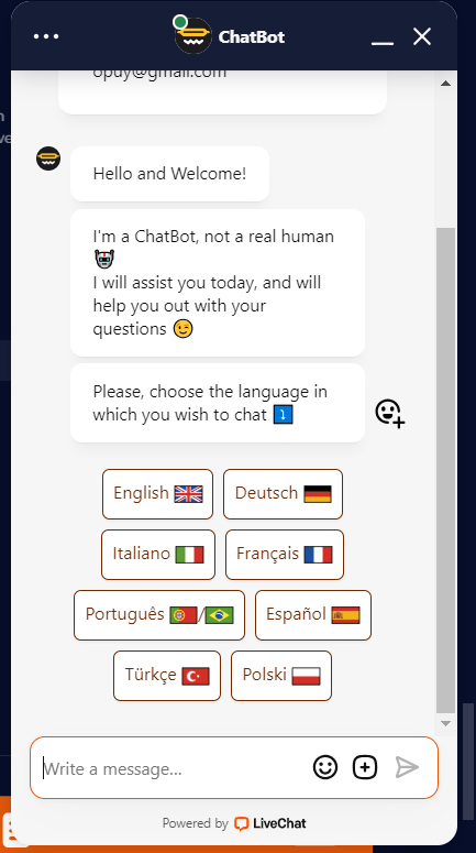 Opções para escolha de idioma no chat ao vivo.