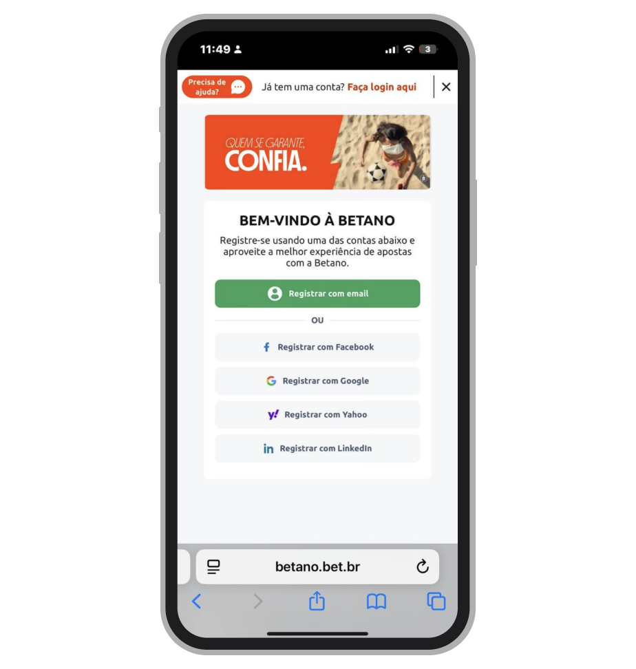 Cadastro no site móvel da Betano