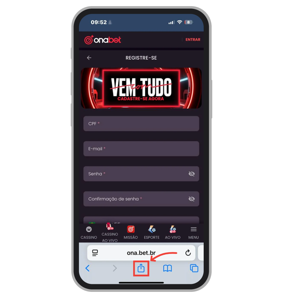 Toque no botão “Compartilhar” ao abrir o site da Onabet no seu iPhone
