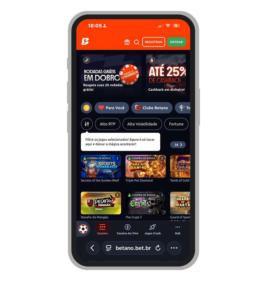 A seção de cassino no site Betano