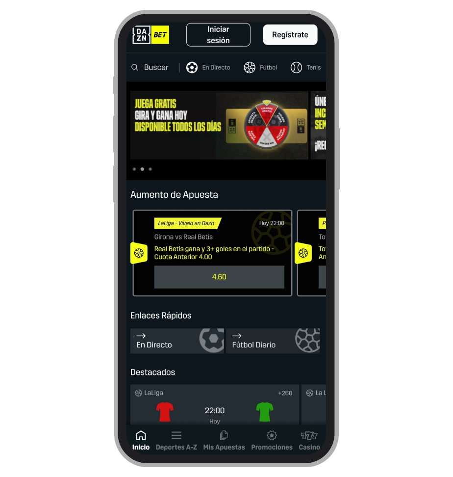 DAZNBet, página principal con Aumento de Apuesta