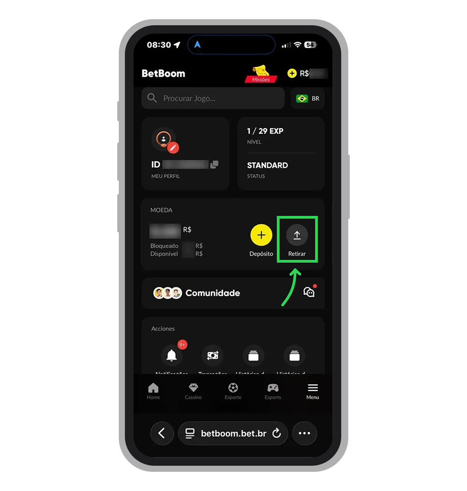 Toque no botão Retirar no menu principal da plataforma 