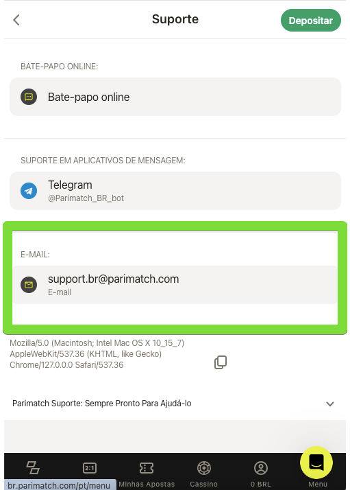 Suporte Parimatch via e-mail
