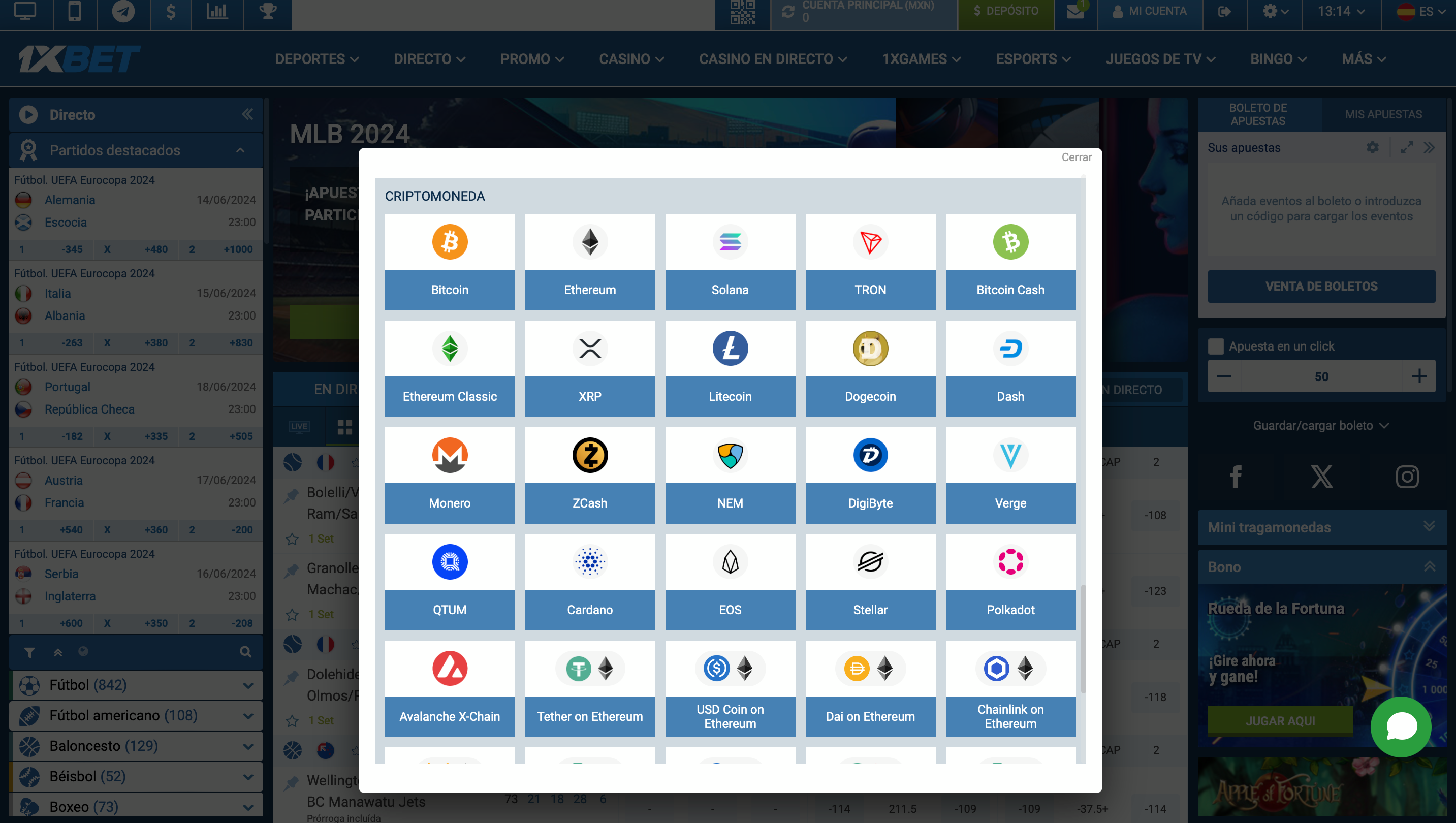 Sección de criptomonedas en 1xBet