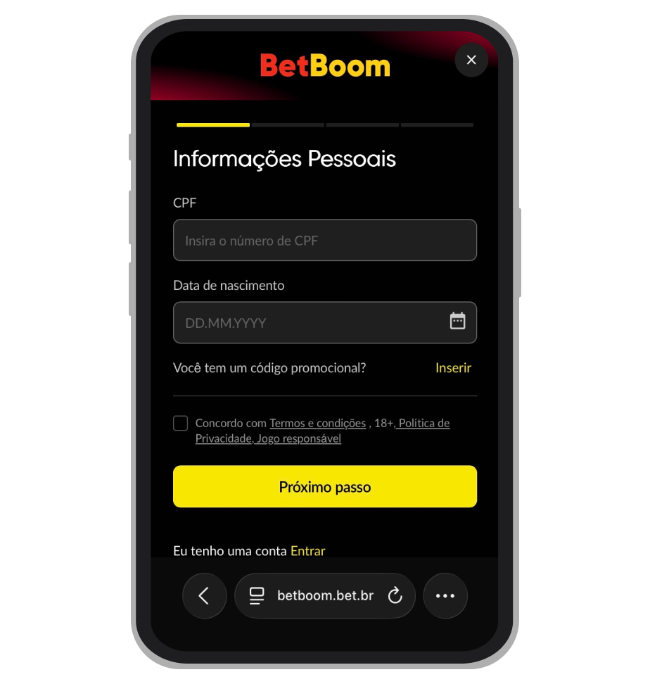 Formulário de cadastro da BetBoom
