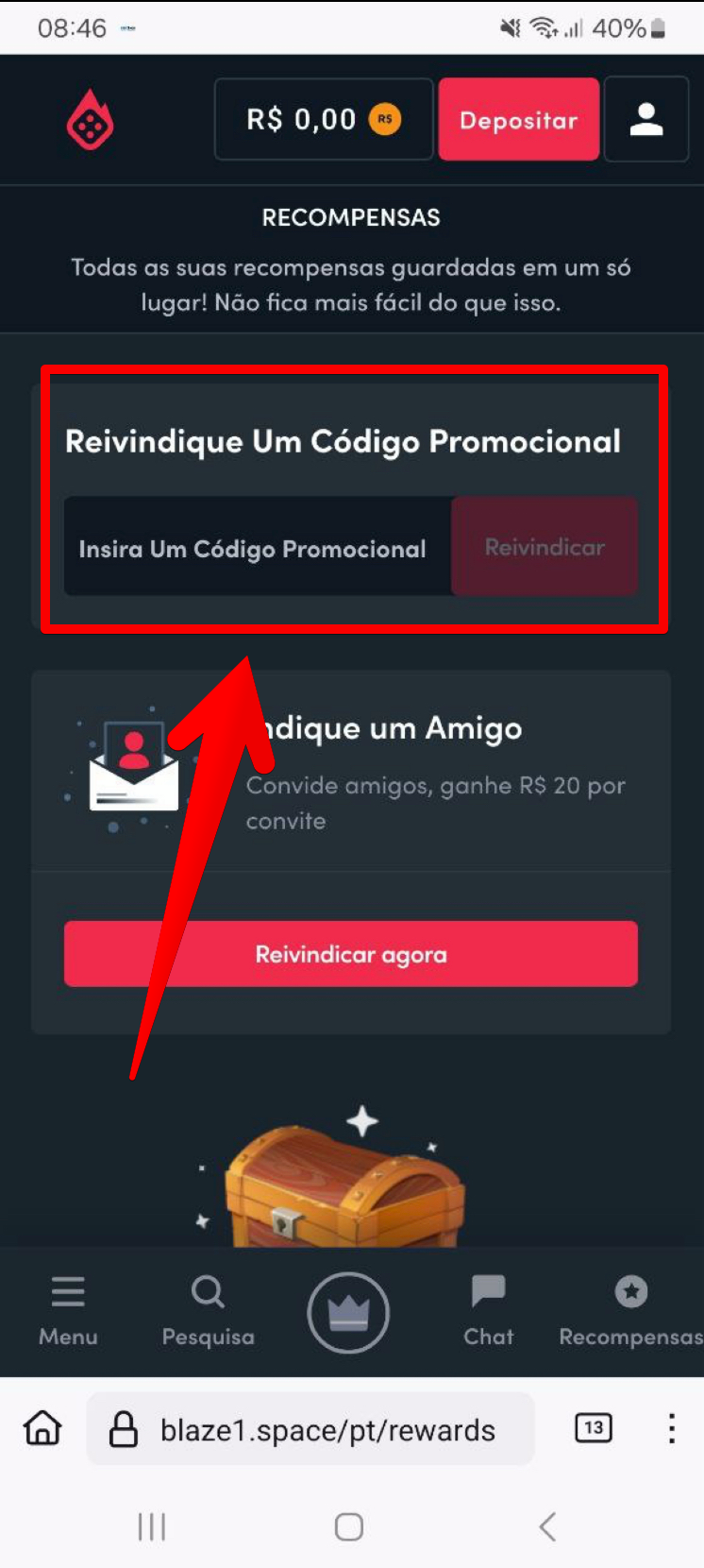 Código promocional no menu de perfil