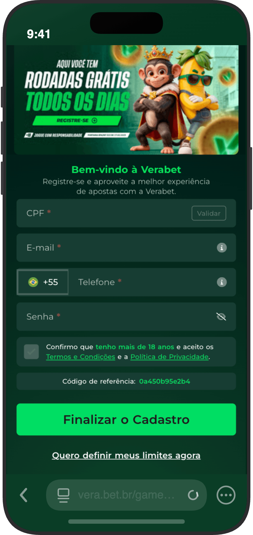 Tela de cadastro da Vera.bet com campos de CPF, e-mail, telefone e senha e banner de rodadas grátis 
