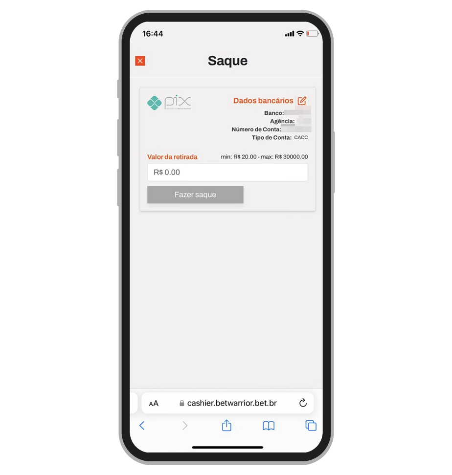 Saque no site mobile BetWarrior