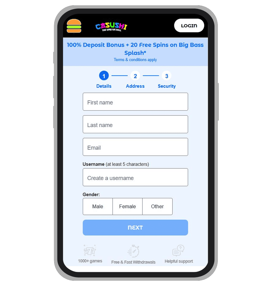 Sign-up form at Casushi: page 1