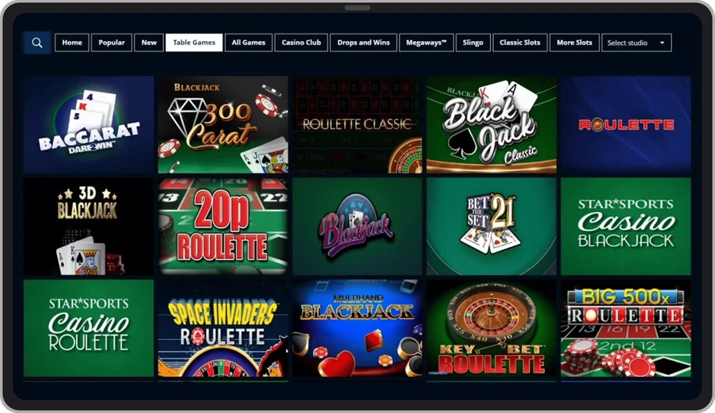 Table games section in Starsports casino