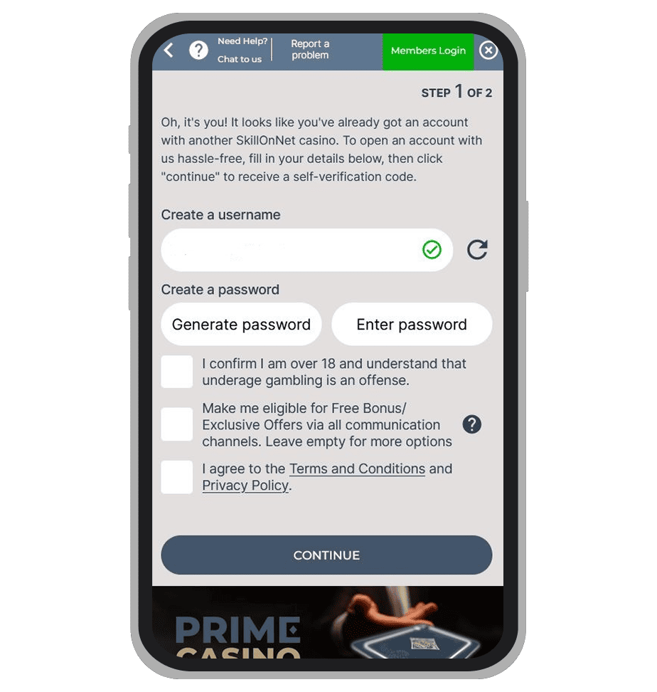 Registration form at Prime Casino: page 2