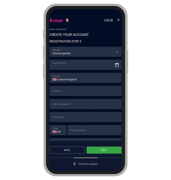 Vbet Registration: Step 2