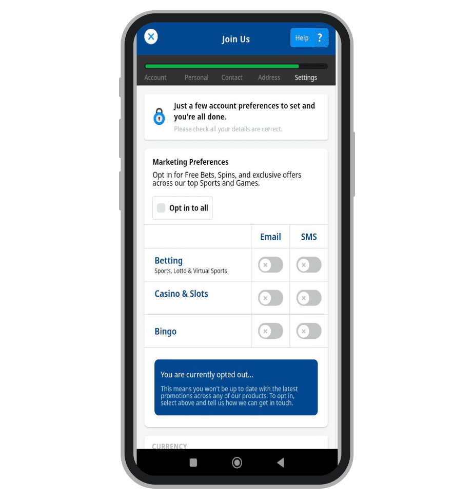 Step 5 of registration – Settings