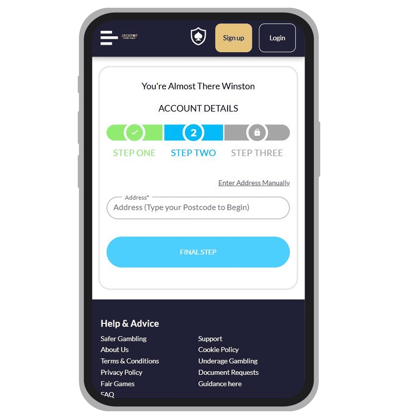 Registration form at Jackpot Mobile Casino: page 2