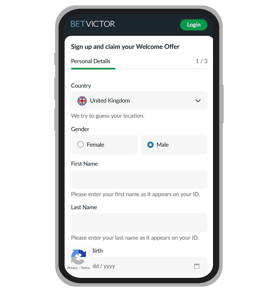 Sign-up form at BetVictor: page 1