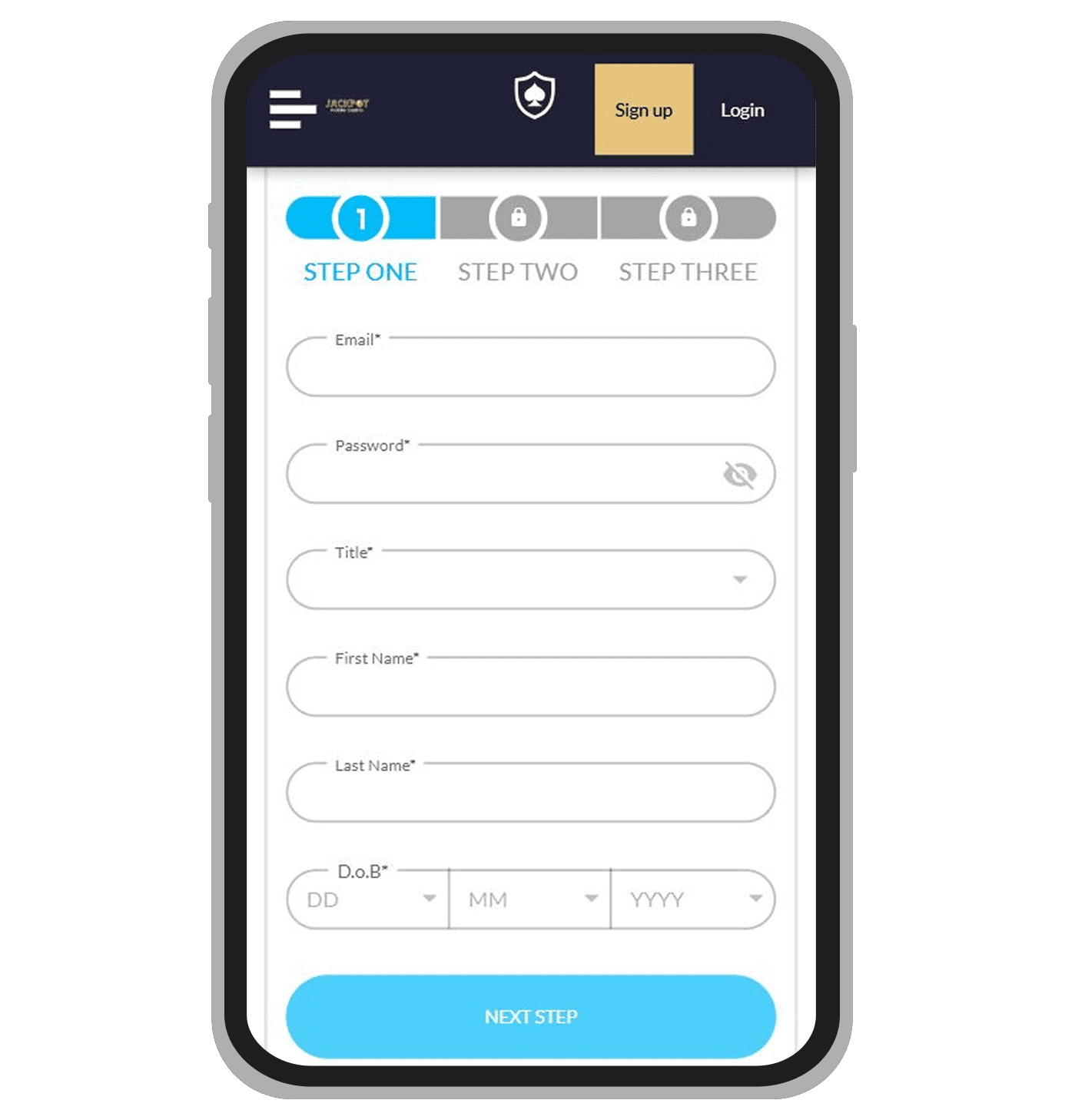 Registration form at Jackpot Mobile Casino: page 1